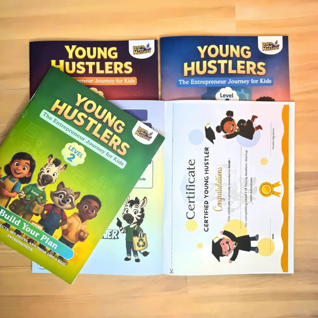 Young Hustlers™ 4-Level Kids Entrepreneurship Bundle — Money Math, Business Basics, Smart Strategy & Leadership (Ages 7–14)